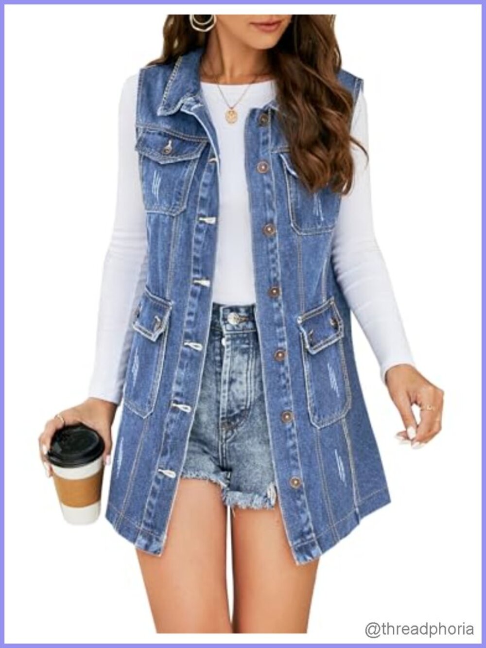 Women's Sleeveless Denim Vest Jacket Distressed Button Down Mid Length